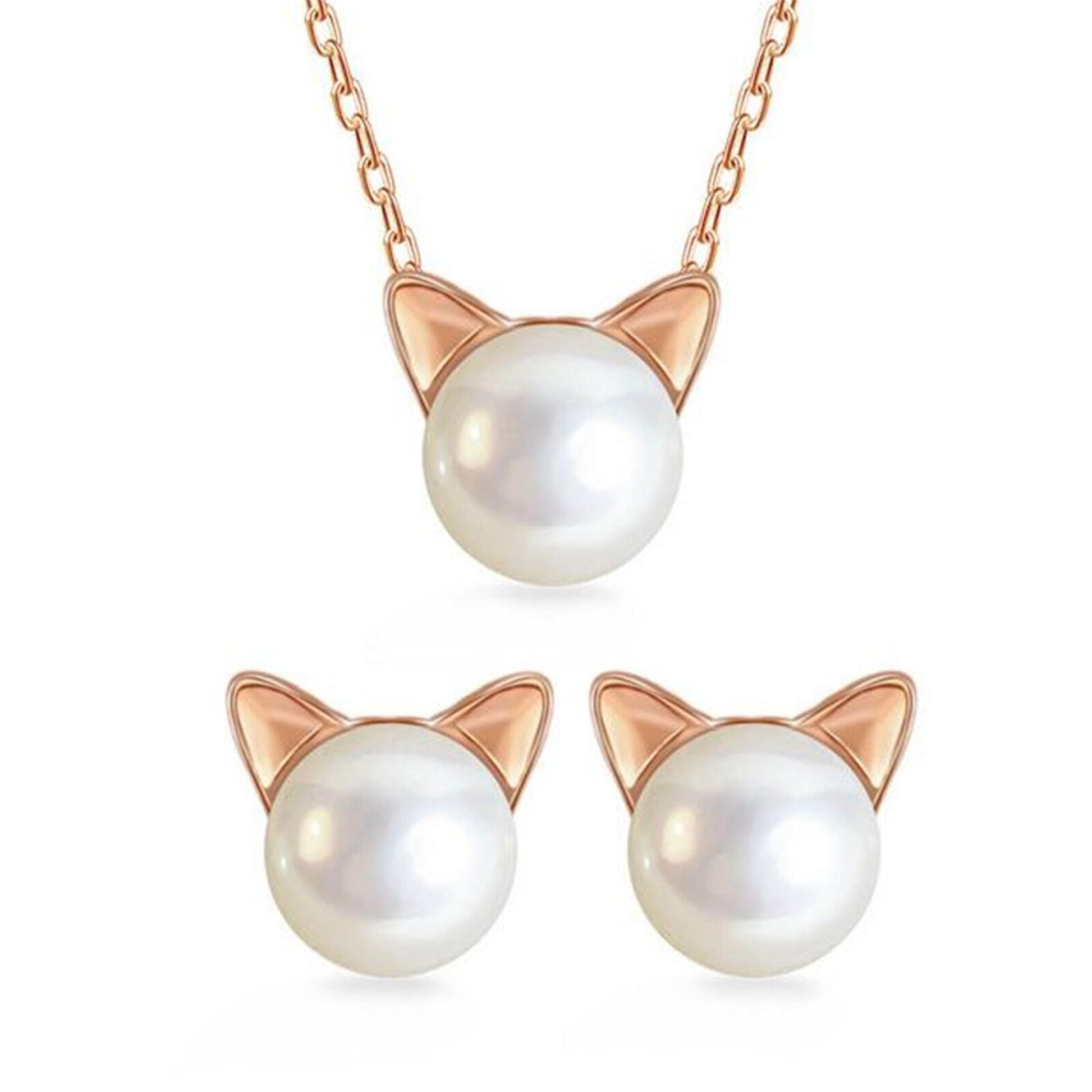 Cat & Pearl Schmuckset: roségoldfarbene Kette mit Perle und Katzenohren