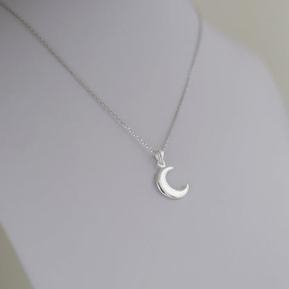 Rhodium curb chain necklace with silver crescent moon pendant