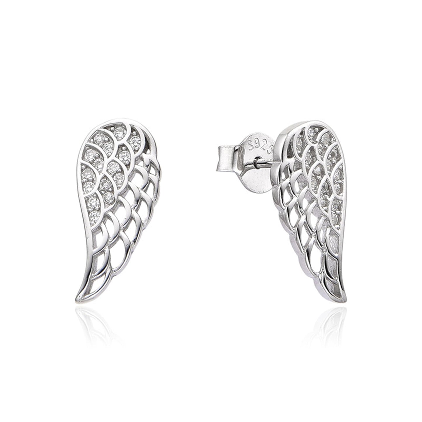 Sterling Silver Angel Feather Wing Earrings & Pendant Set with Paved CZ Stone