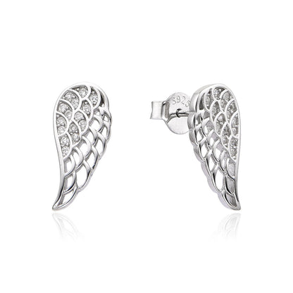 Sterling Silver Angel Feather Wing Earrings & Pendant Set with Paved CZ Stone