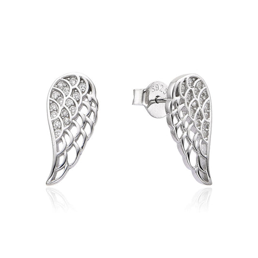 Angel wing stud earrings, half paved design with circular crystal pattern
