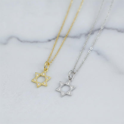Gold-tone and silver-tone Star of David pendant necklaces with thin chain links