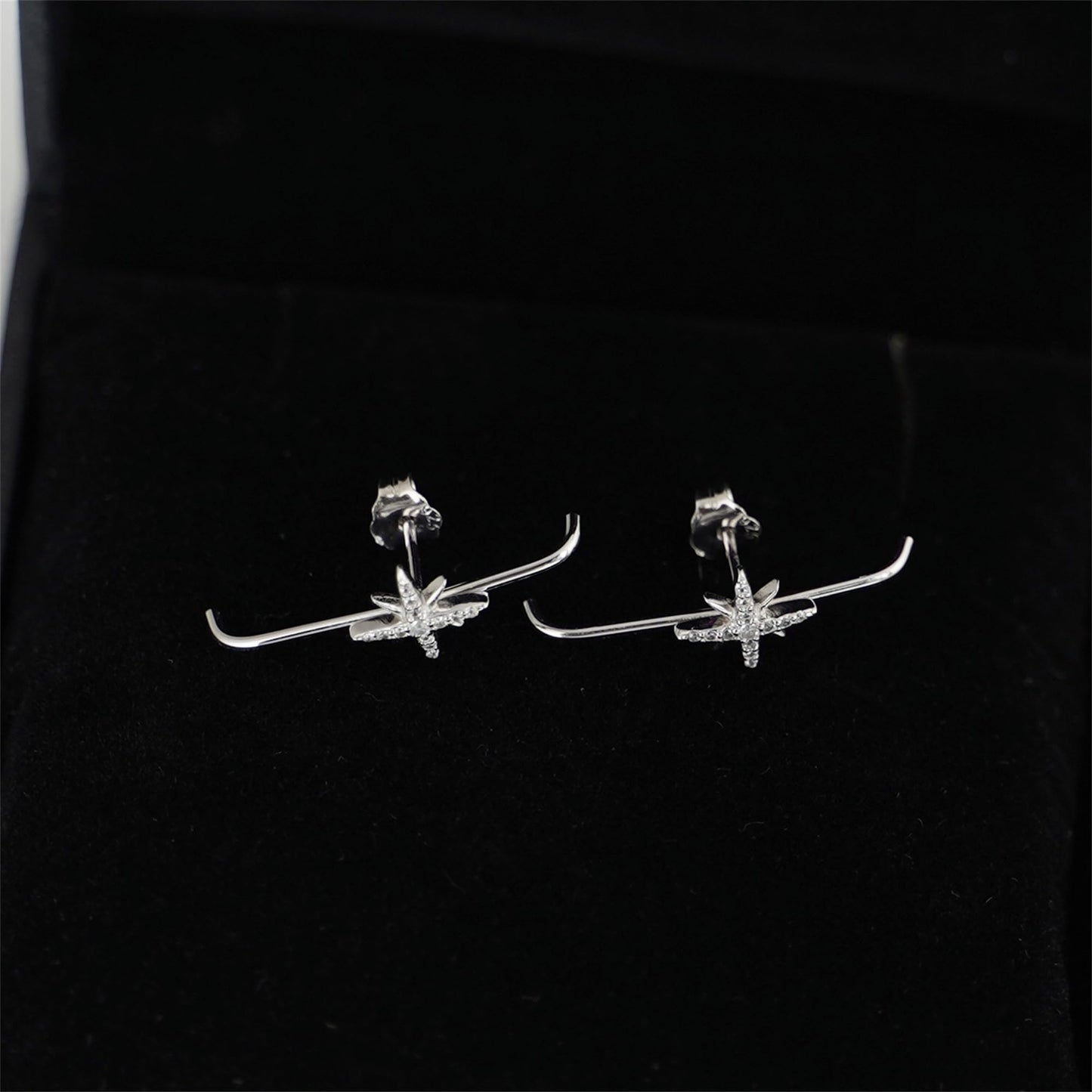 Sterling Silver 9mm North Pole Star Pave CZ Suspender Bar Cuff Stud Earrings 2 Tones Rhodium / 18K Gold
