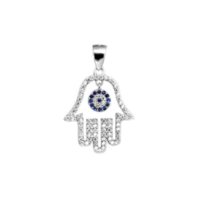 Sterling Silver Hollow Blue Paved CZ Evil Eye Hamsa Hand of Fatima Pendant