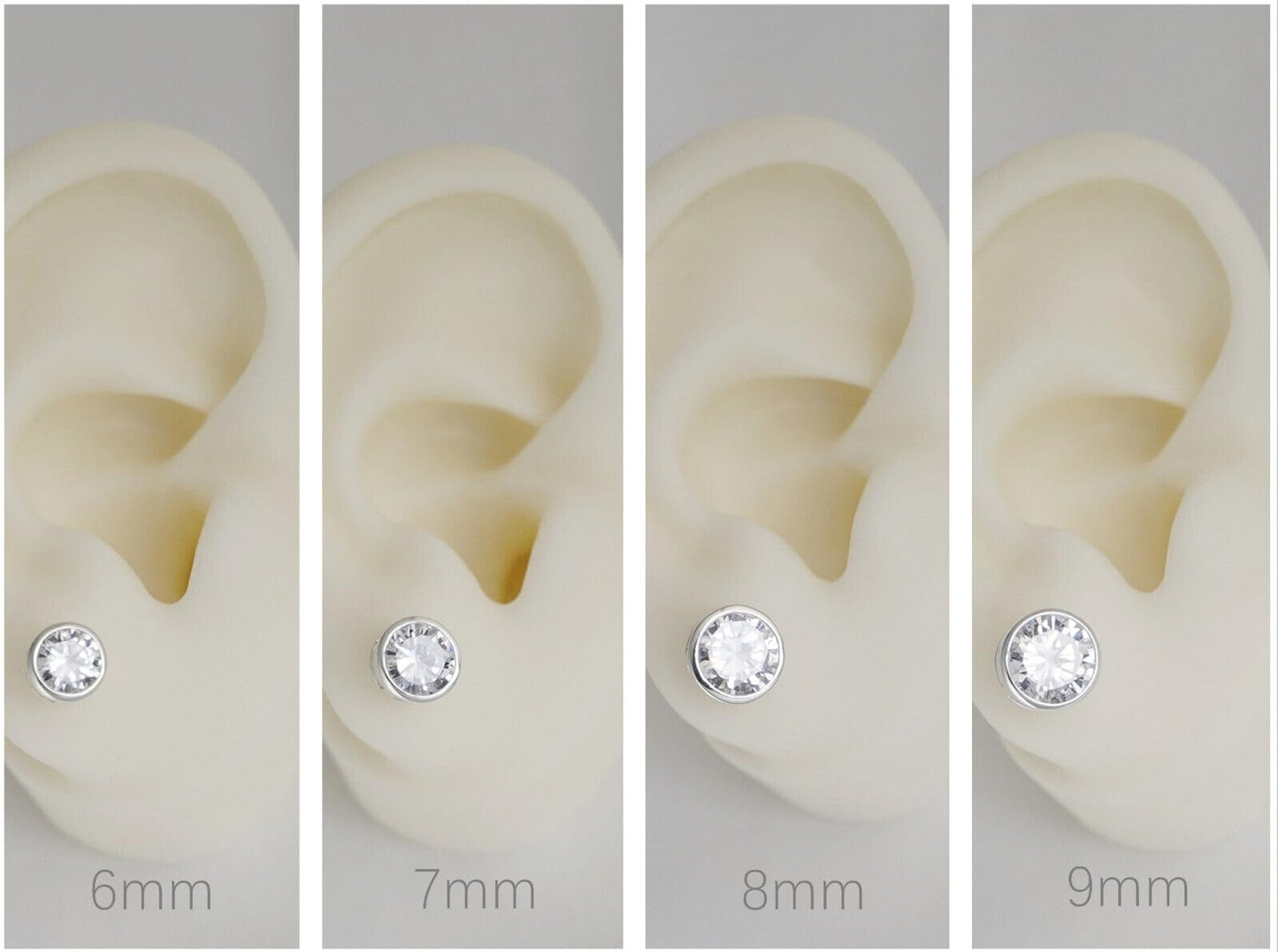 Sterling Silver CZ Solitaire Stud Earrings Round Bezel Set, Simulated Diamond, 3mm-8mm, Clear & Black, Unisex