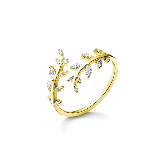 Sterling Silver Cubic Zirconia Leaf Feather Bridal Wrap Ring Adjustable Rhodium / 18K Gold