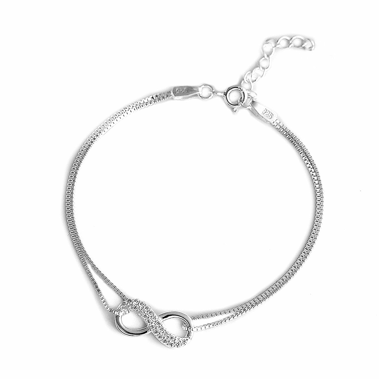 CZ Infinity bracelet, silver-toned infinity link with small round clasp