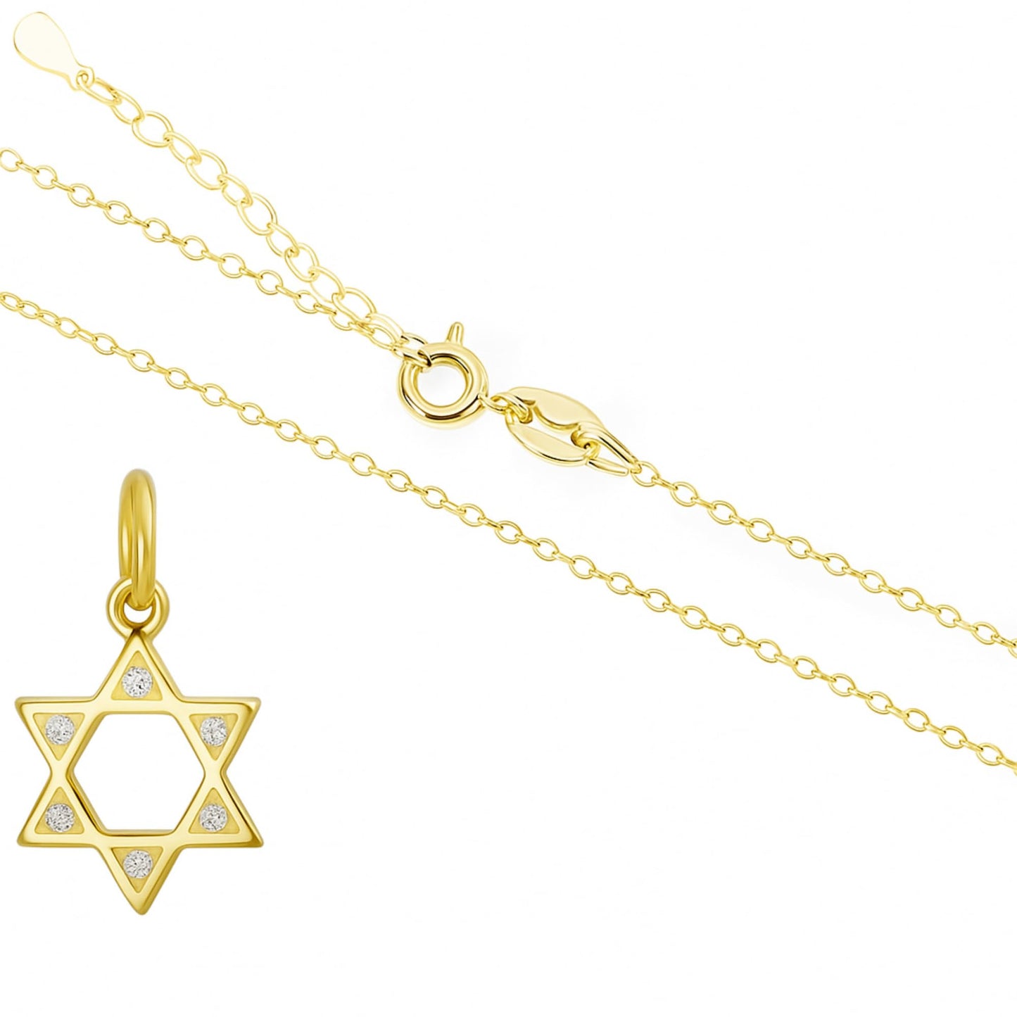 Gold Star of David pendant with inset stones on gold link chain