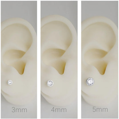 Sterling Silver CZ Solitaire Stud Earrings Round Bezel Set, Simulated Diamond, 3mm-8mm, Clear & Black, Unisex