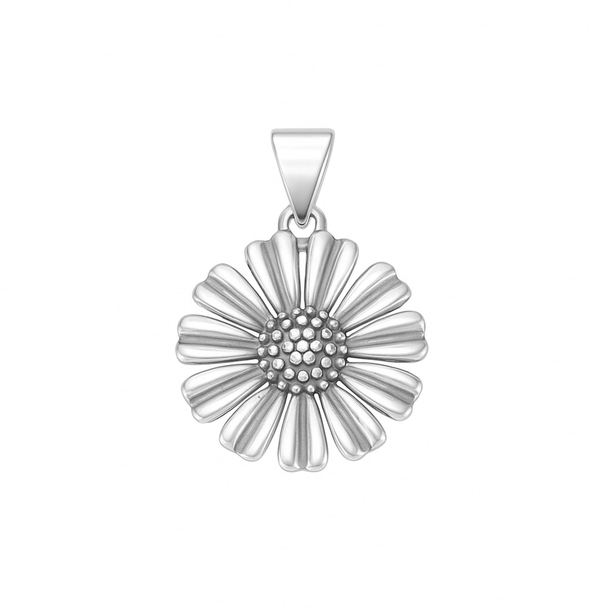 Retro oxidised daisy pendant, silver-tone scalloped petals with bead center