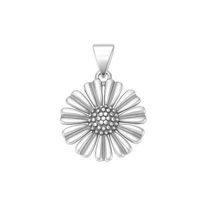 Retro oxidised daisy pendant, silver-tone scalloped petals with bead center
