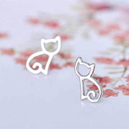 Cat outline stud earrings with butterfly-style backing, polished silver