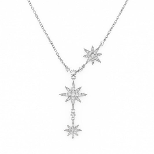 Sterling Silver CZ Sunlight Star Sunburst Drop Y Shape Tassel Necklace 41cm - 44cm