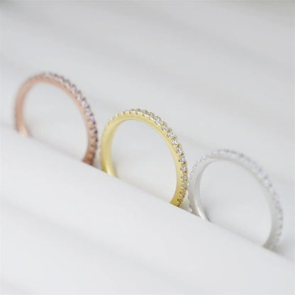 18K Gold on Sterling Silver Full Eternity 2mm Paved CZ Crystal Band Ring I - U