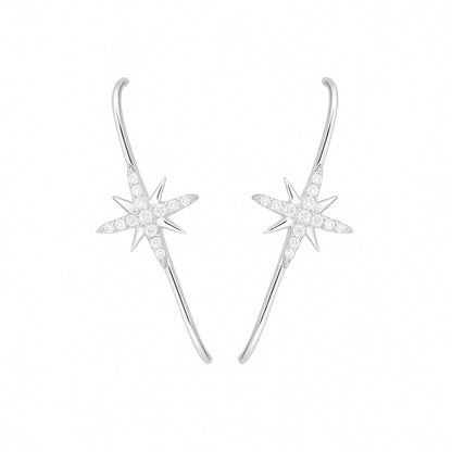 Sterling Silver 9mm North Pole Star Pave CZ Suspender Bar Cuff Stud Earrings 2 Tones Rhodium / 18K Gold