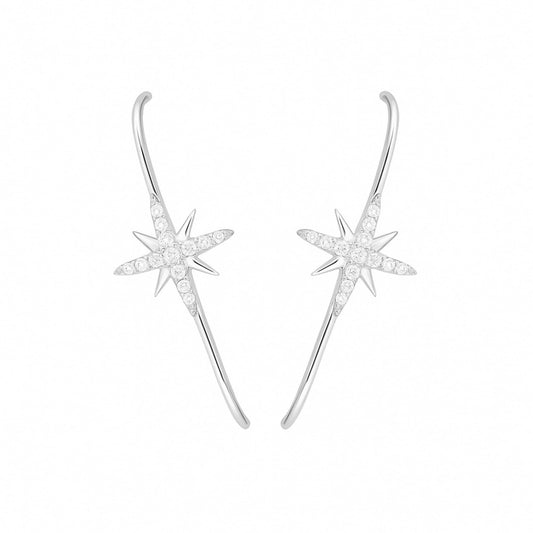 Sterling Silver 9mm North Pole Star Pave CZ Suspender Bar Cuff Stud Earrings 2 Tones Rhodium / 18K Gold