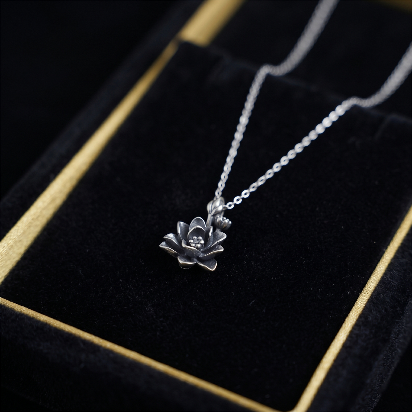 Oxidised 3D lotus charm pendant on chain, dark flower head with silver links