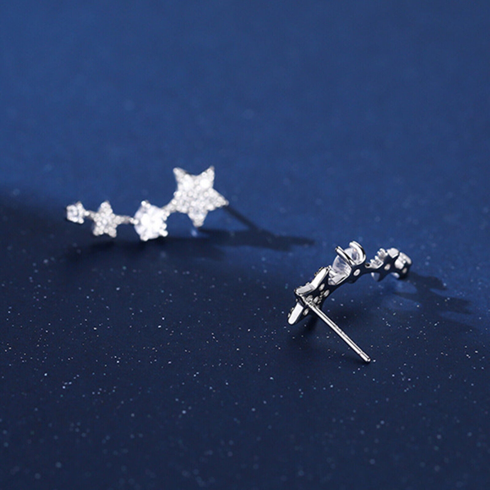 Rhodium on Sterling Silver Linked CZ Stars Climber Crawler Drop Stud Earrings - sugarkittenlondon