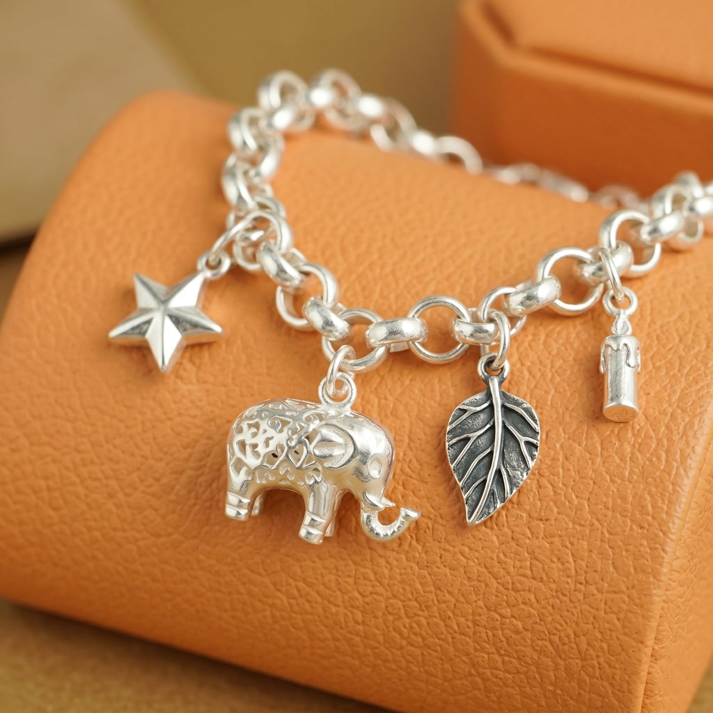 Sterling Silver Filigree 3D Elephant w Raised Trunk Pendant Charm