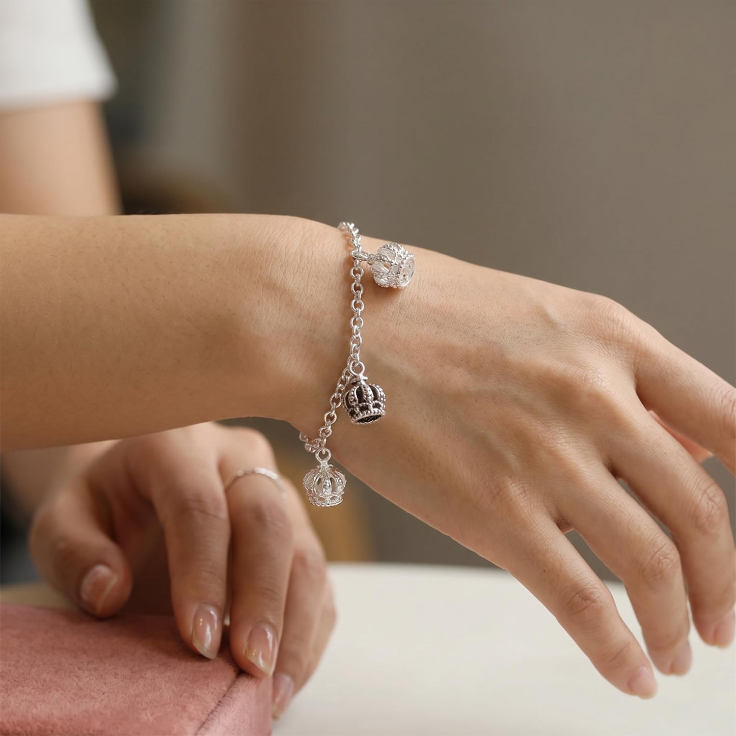 Sterling Silver Mini Crown with Cross Charm Silver / Oxidised Black Silver