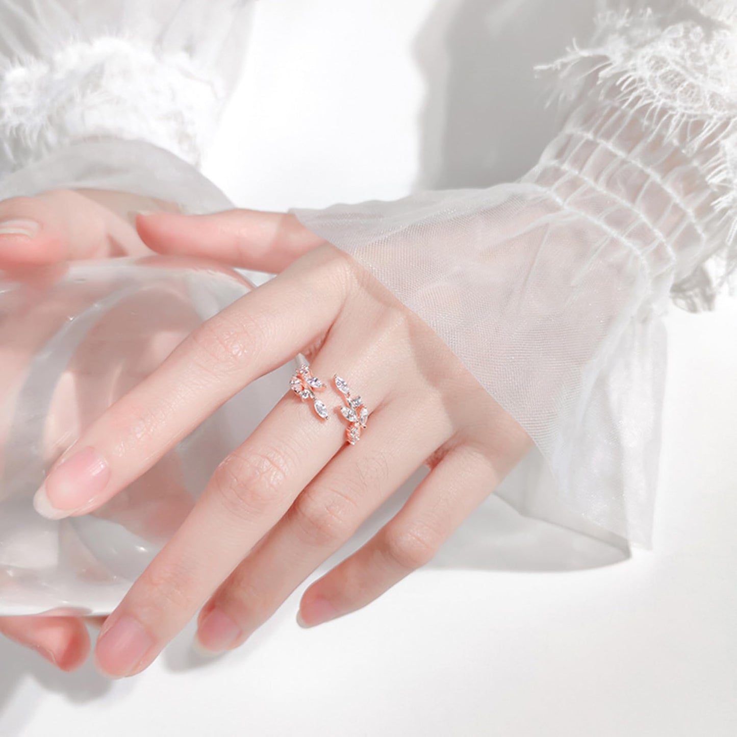 Sterling Silver CZ Leaf Branch Ring Rhodium Rose Gold
