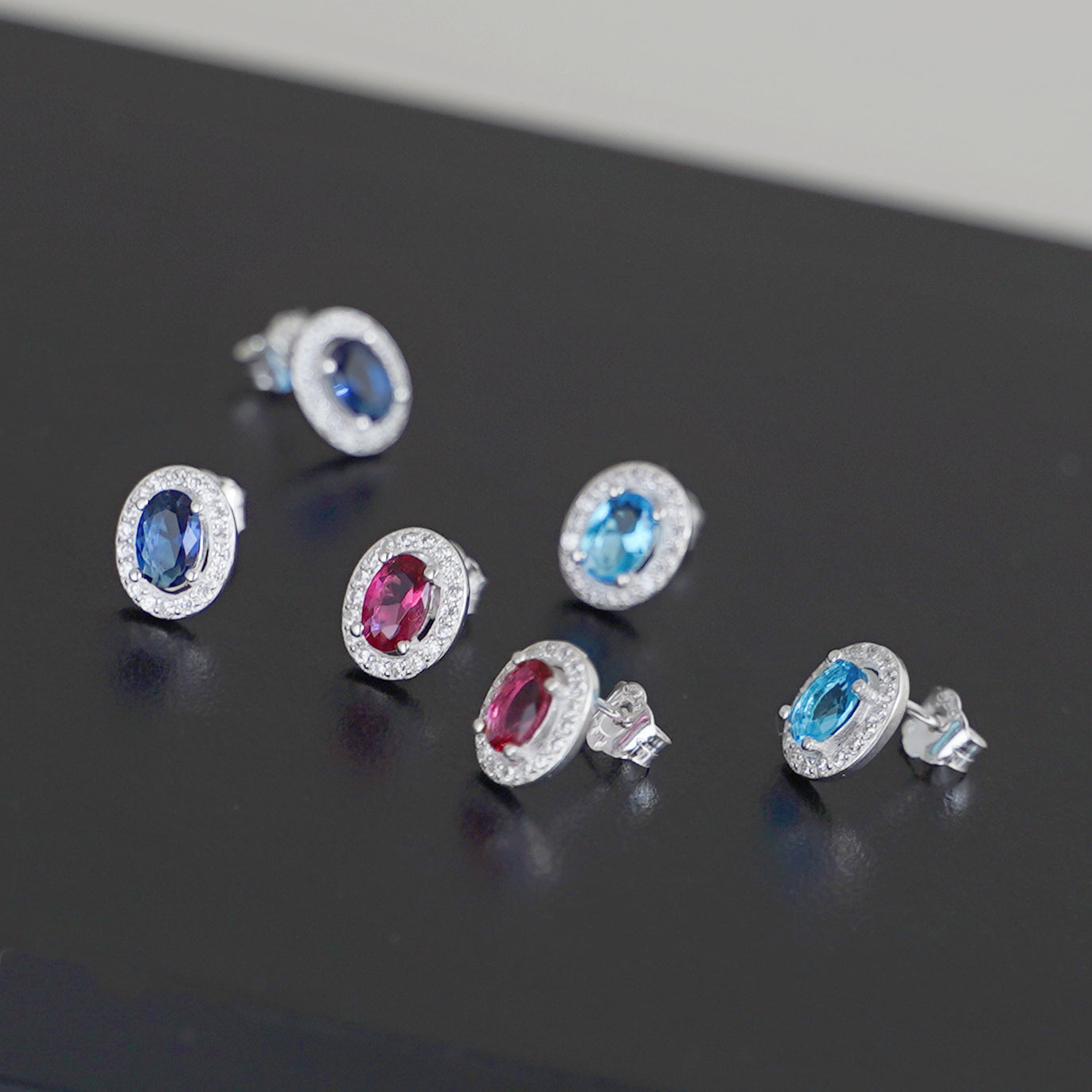 Sterling Silver Halo Stud Earrings Light Blue Aquamarine / Sapphire Blue / Ruby Red / Clear CZ 4mm x 6mm Main Stone