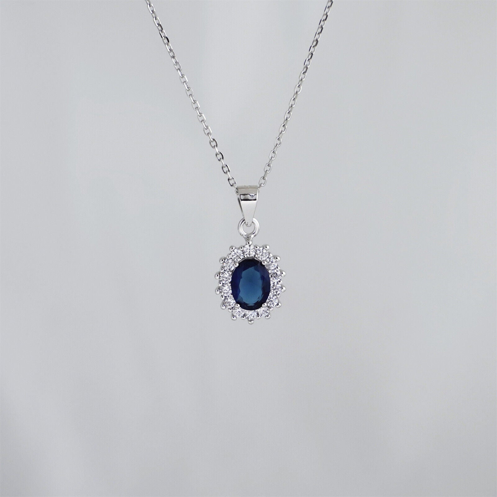 Stunning Blue CZ Sapphire Halo Cluster Pendant Necklace in Sterling Silver with 3 Chains - sugarkittenlondon
