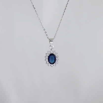 Stunning Blue CZ Sapphire Halo Cluster Pendant Necklace in Sterling Silver with 3 Chains - sugarkittenlondon