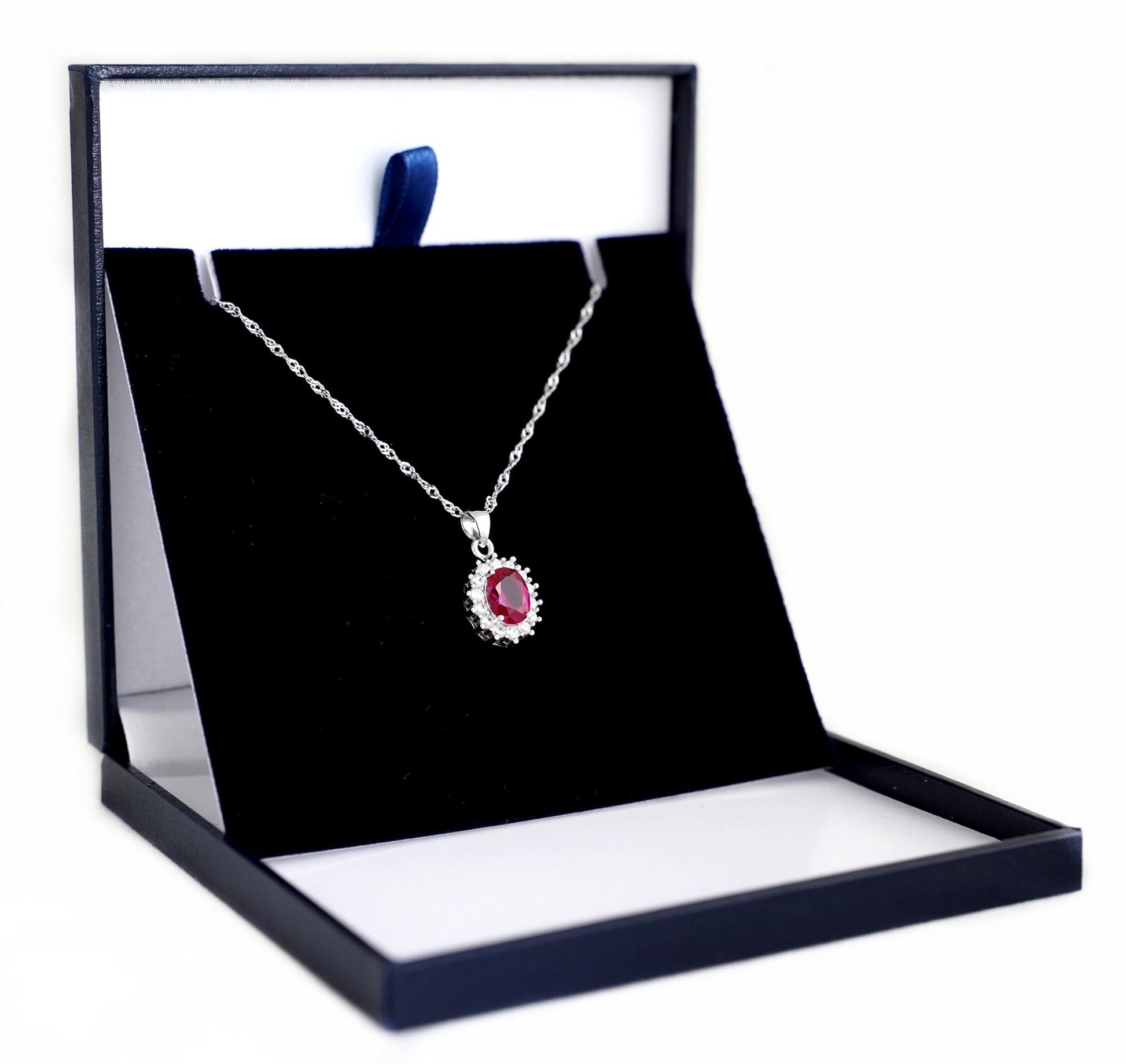 Rhodium twisted chain with red heart halo pendant in a gift box