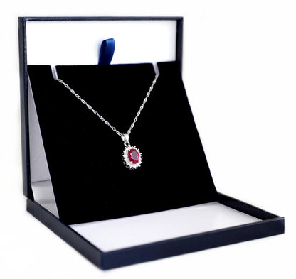 Rhodium twisted chain with red heart halo pendant in a gift box