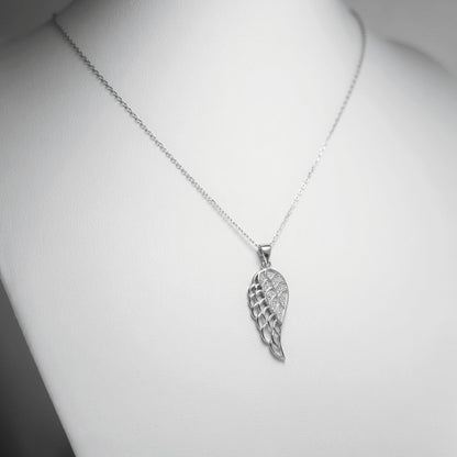 Rhodium curb chain necklace with layered leaf/feather wing pendant