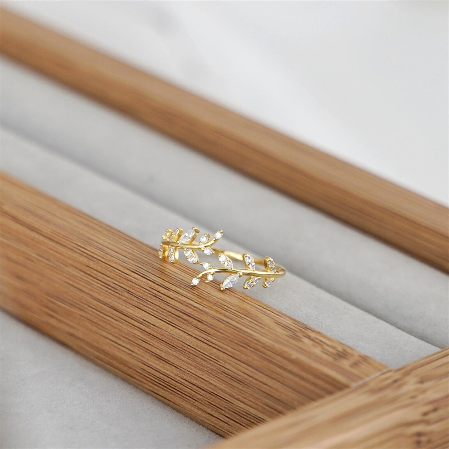 Sterling Silver Cubic Zirconia Leaf Feather Bridal Wrap Ring Adjustable Rhodium / 18K Gold