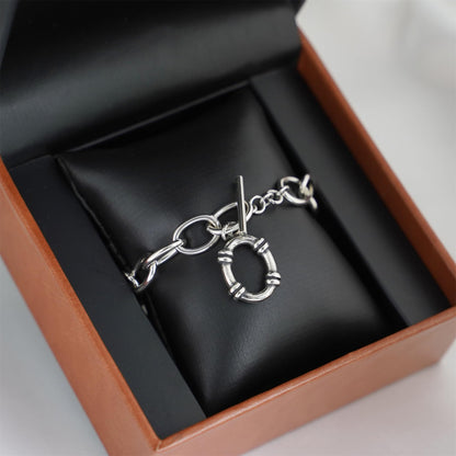 Oxidised T-bar bracelet in box: linked chain with hoop charm and vertical bar