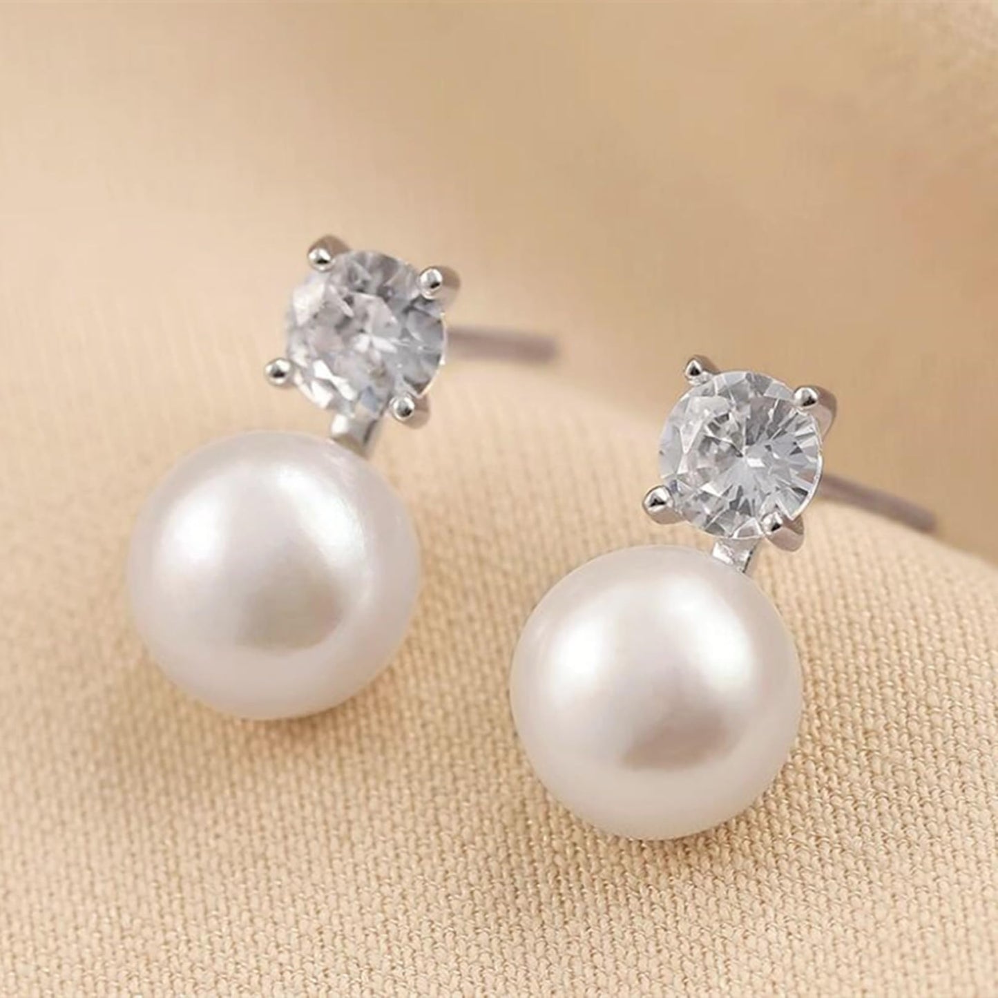 Freshwater Pearl & CZ stud earrings: white round pearls with square CZ tops on posts