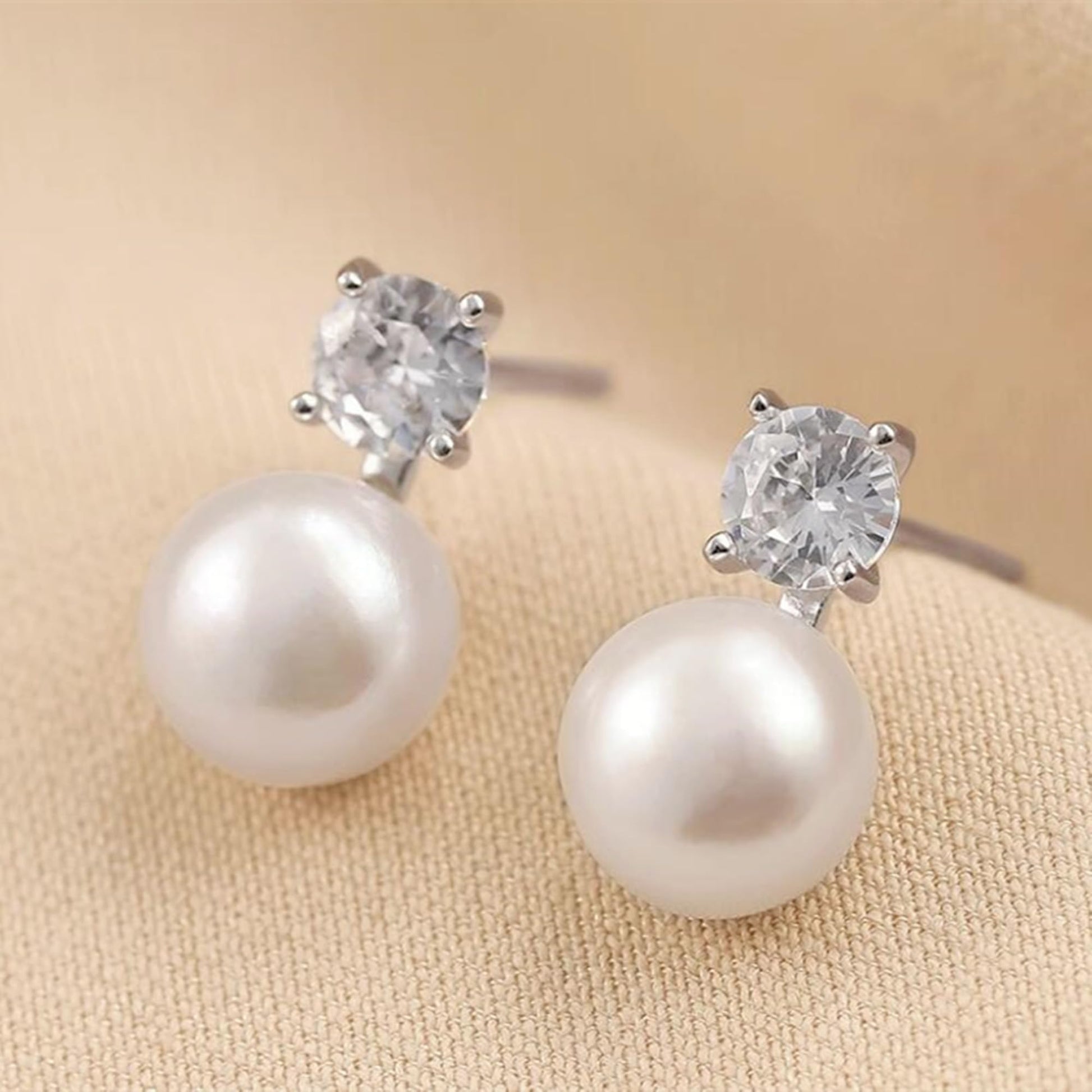 Freshwater Pearl & CZ stud earrings: white round pearls with square CZ tops on posts