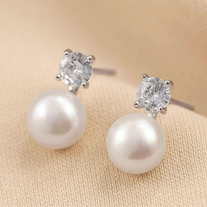 Freshwater Pearl & CZ stud earrings: white round pearls with square CZ tops on posts
