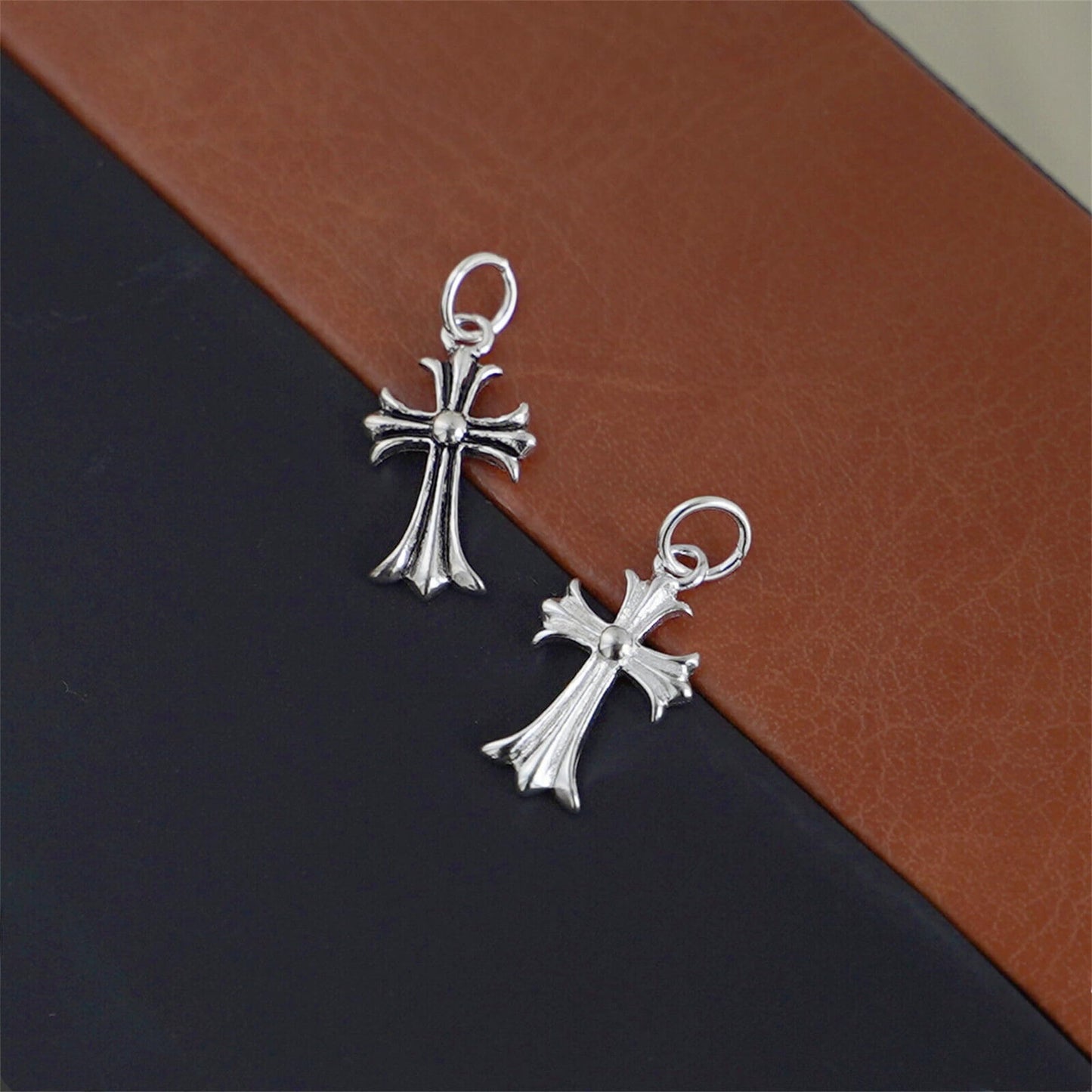 Sterling Silver Fleur De Lis Cross Charm Pendant 10*15mm 7*7mm 2 Tones Unisex