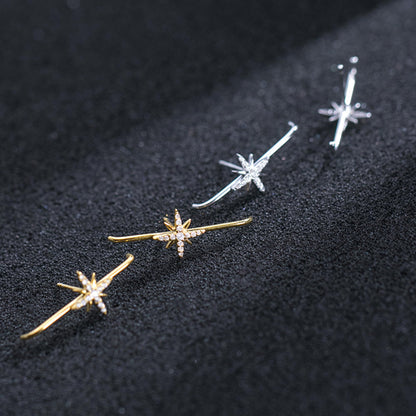 Sterling Silver 9mm North Pole Star Pave CZ Suspender Bar Cuff Stud Earrings 2 Tones Rhodium / 18K Gold