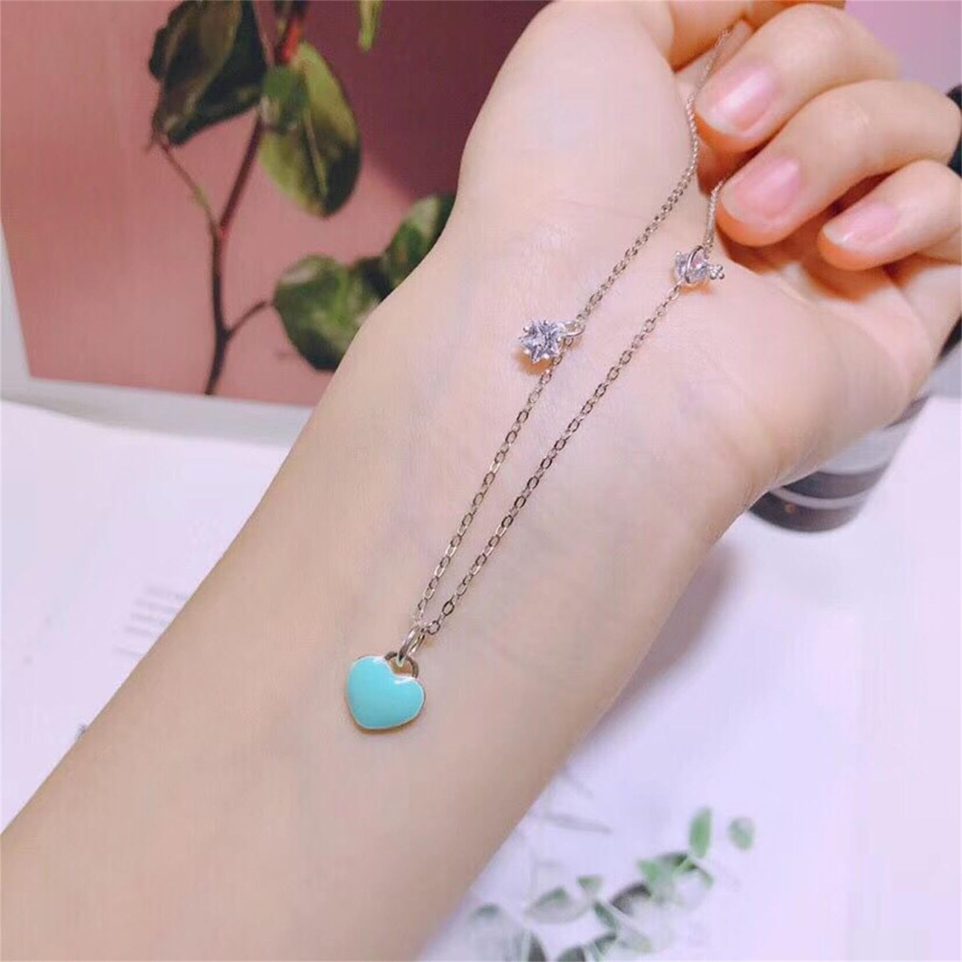 Turquoise heart necklace charm with silver chain and heart pendant