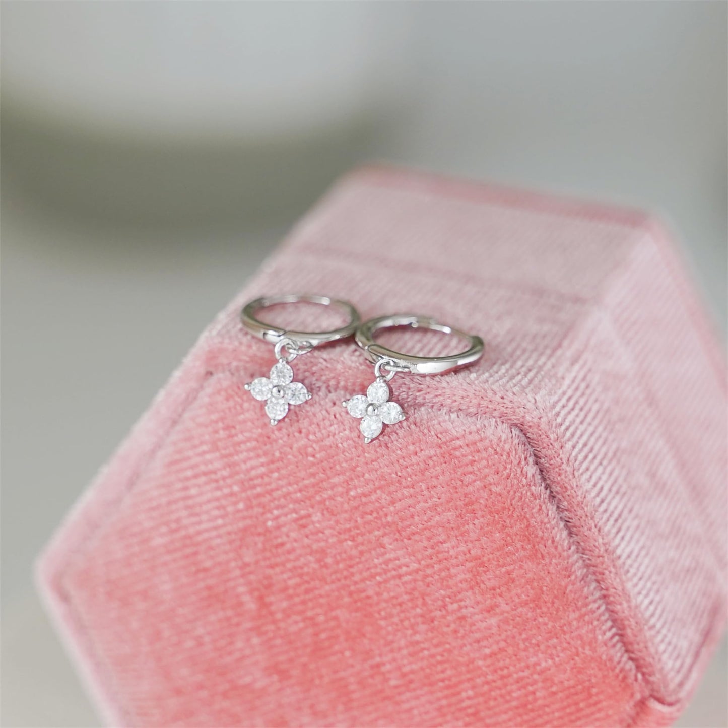 Sterling Silver Motif Flower Charm Drop CZ Hinged 9mm Hoop Huggie Earrings 2 Tones Rhodium 18K Gold