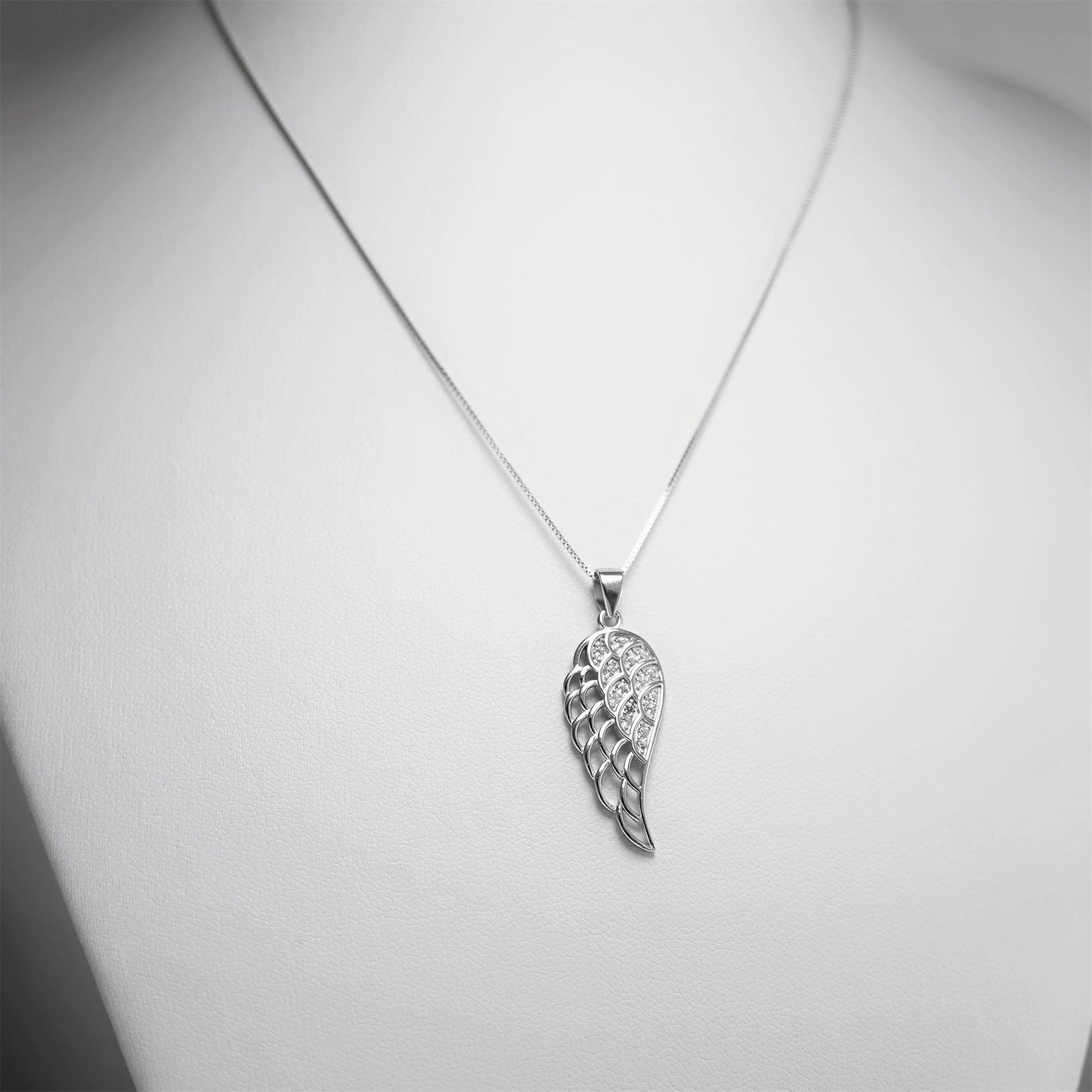 Minimalist Box Chain in Rhodium tone with crystal angel wing pendant