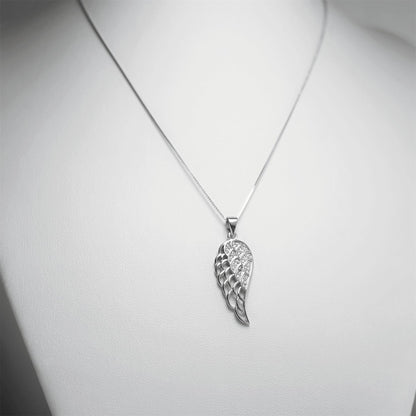 Minimalist Box Chain in Rhodium tone with crystal angel wing pendant
