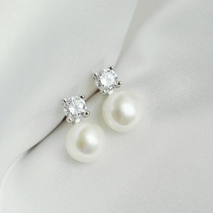 Freshwater Pearl & CZ studs with white round pearls and round CZ clusters on posts