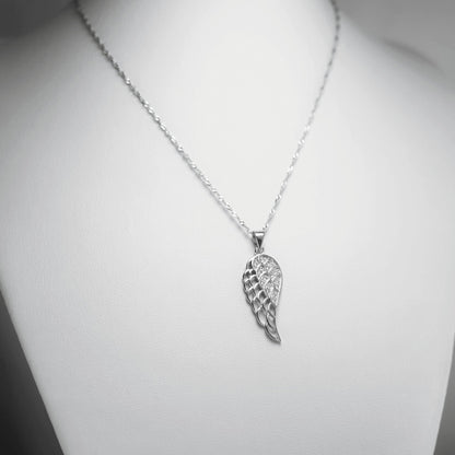 Rhodium twisted chain with textured angel-wing charm