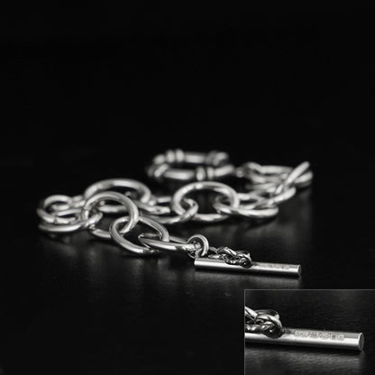 Oxidised linked T-bar bracelet close-up of chain links and T-bar bar clasp