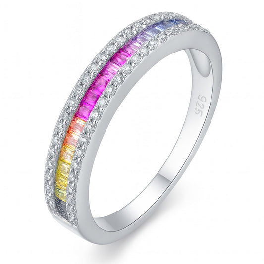Rhodium on Sterling Silver Half Channel Set Baguette Rainbow Multi-Colour CZ Eternity Ring