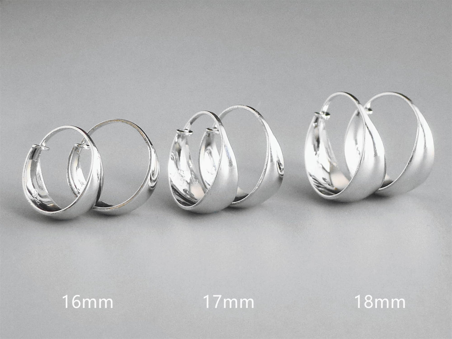 Rhodium on Sterling Silver Wide Dome Sleeper Drop Hoop Huggie Earrings 16-18mm
