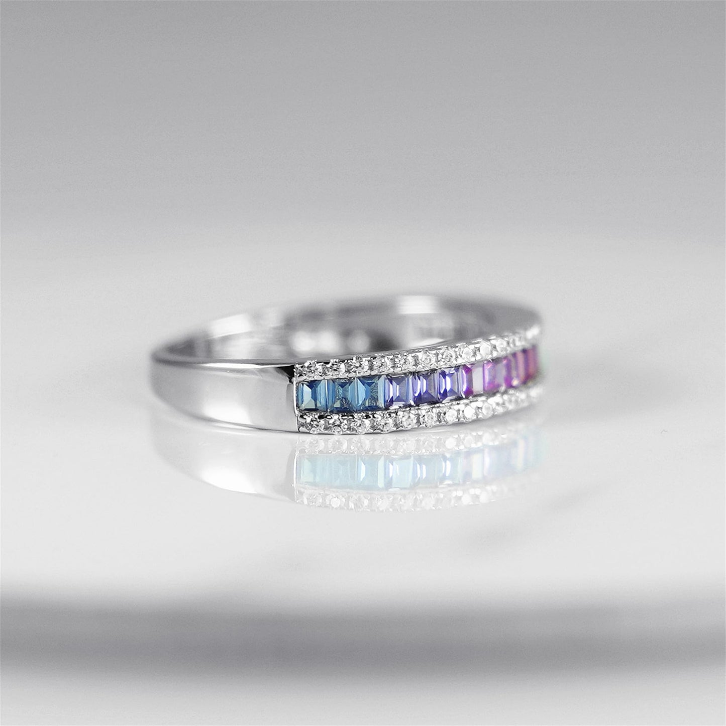 Rhodium on Sterling Silver Half Channel Set Baguette Rainbow Multi-Colour CZ Eternity Ring