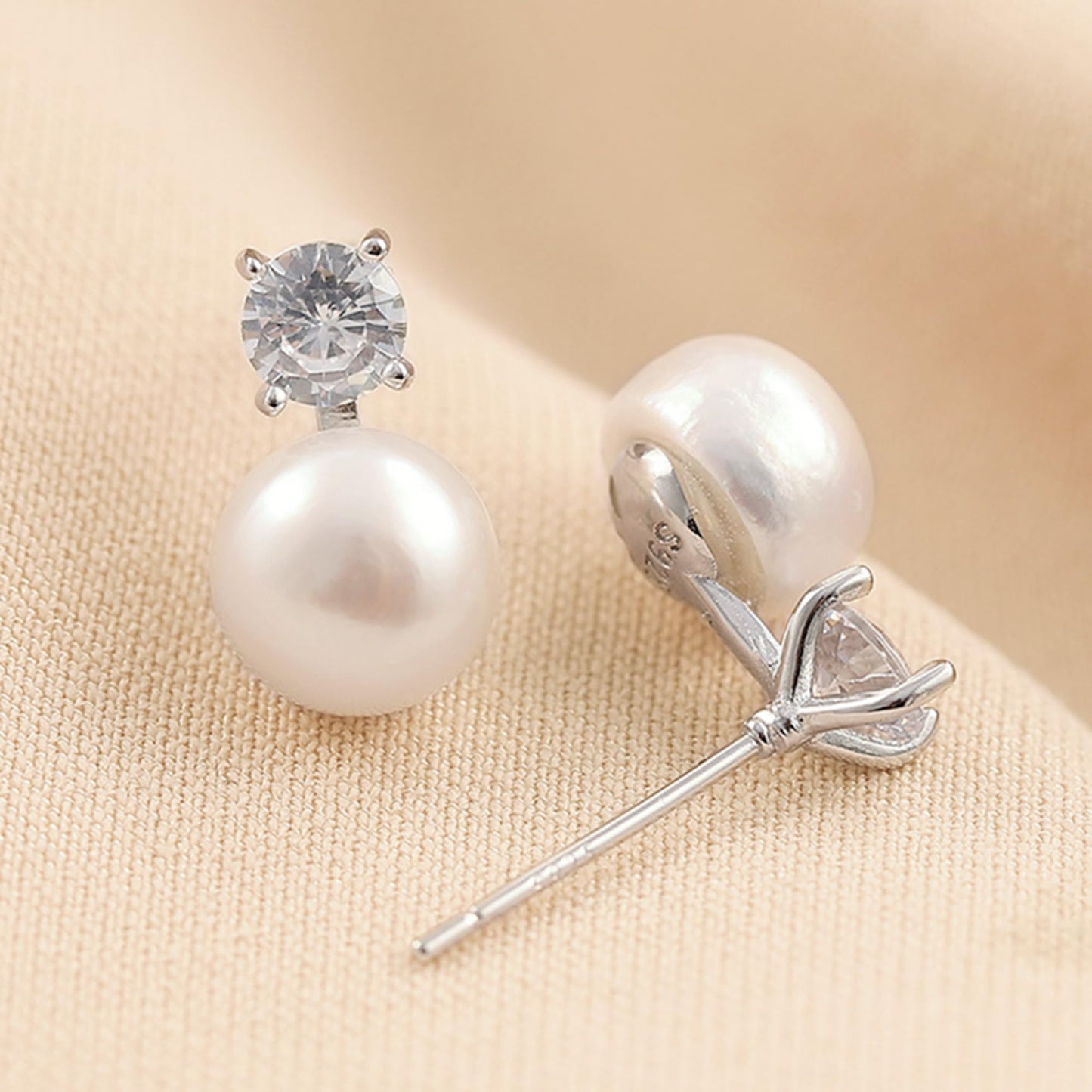 Freshwater pearl & CZ studs with butterfly clasp back and white pearl drop on post