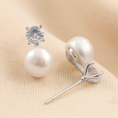 Freshwater pearl & CZ studs with butterfly clasp back and white pearl drop on post